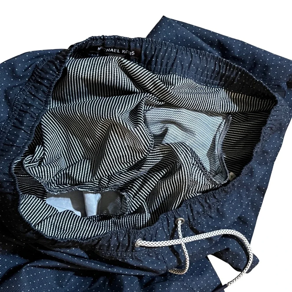 Michael Kors Men Swim Trunks Navy Blue Polka Dot Drawstring Elastic Waist Size M